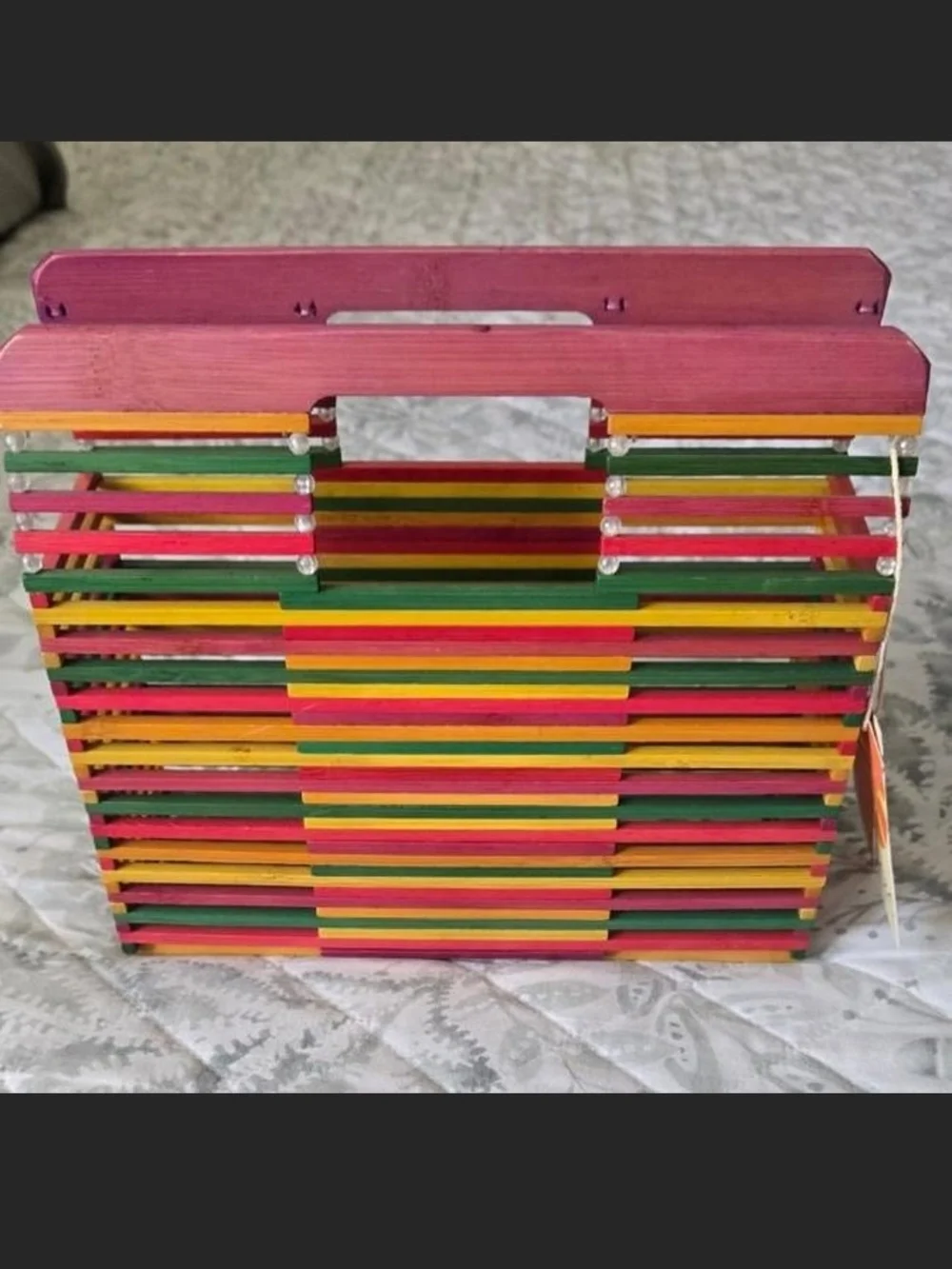 Colorful Wooden Slatted Storage Box - Pink, Green & Yellow
